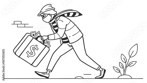 Thief running with stolen money briefcase. Financial crime and robbery concept illustration.
