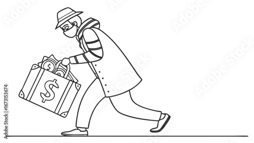 Masked Thief Stealing Money Briefcase Illustration. Crime, Robbery, Financial Fraud Concept.