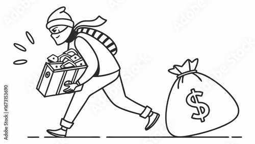 Thief running with stolen money and valuables. Cartoon line art illustration of robbery, crime, and financial theft.