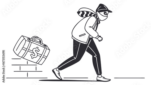 Masked Thief Running with Stolen Money Bag Illustration