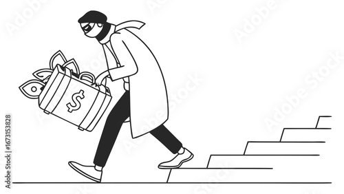 Masked Thief Carrying Stolen Money Bag Up Stairs. Financial Crime, Robbery, and Escape Concept.