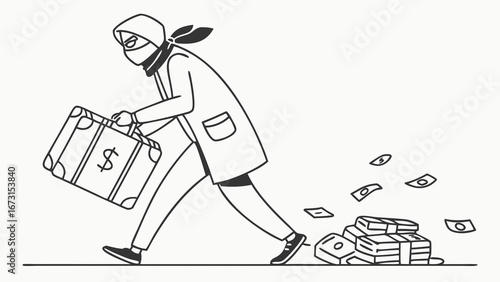 Robber running with stolen money suitcase, bills scattered. Crime, theft, financial fraud, and illegal activity concept.