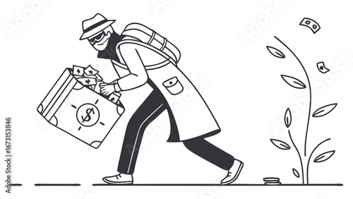 Masked Thief Stealing Money from a Money Tree. Financial Crime, Fraud, Illegal Gains, Wealth Theft, Illicit Finance Concept.