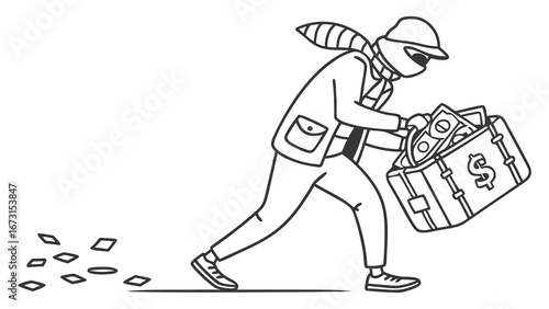 Masked thief running away with a suitcase full of cash, dropping money. Robbery, financial crime, and theft concept line art illustration.