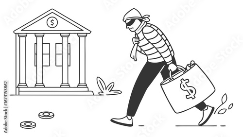 Bank Robber Escaping with Stolen Money from Bank. Financial Crime, Theft, and Security Risk Illustration