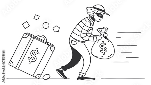Line art illustration of a thief escaping with a money bag and a suitcase full of valuables, symbolizing financial crime and robbery.