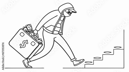 Masked thief carrying a heavy briefcase full of money up stairs. Concept of crime, illegal wealth, financial fraud, or ill-gotten gains.