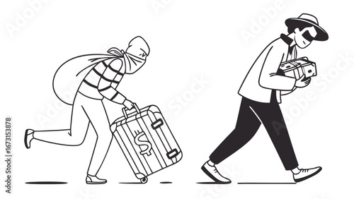 Crime and Theft Concept: Two Thieves Stealing Valuables. Masked Robber with Sack and Briefcase, Discreet Burglar with Money.