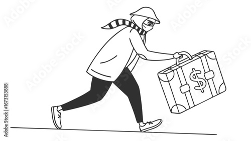Masked person running with dollar sign briefcase. Financial crime, theft, robbery, and escape. Black and white line art illustration.