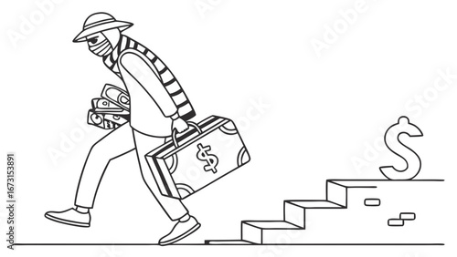 Masked figure with money and briefcase, walking away from a dollar sign on stairs. Financial crime and illegal gain concept.