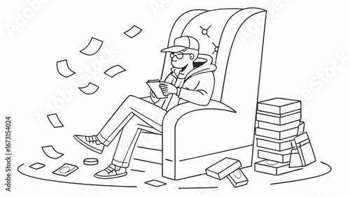 Online Shopping Spree & Digital Wealth. Person in armchair with falling money and delivery packages, symbolizing e-commerce success and consumerism.