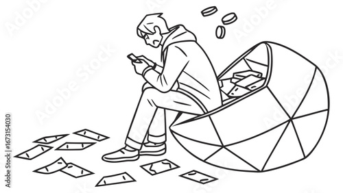Digital Distraction and Financial Drain: Person on Phone as Money Falls from Abstract Structure