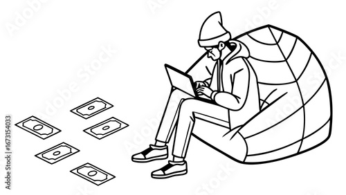 Casual person on beanbag using laptop with money. Online earning, remote work, freelance income generation concept illustration.