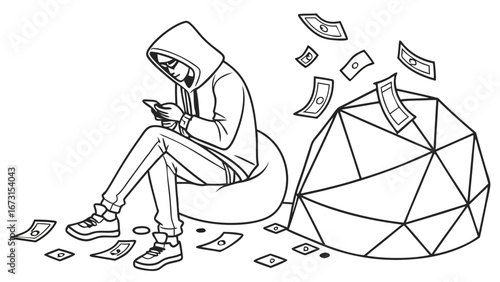 Digital Income Generation: Hooded Person Making Money with Smartphone. Online Finance and Passive Wealth Concept Illustration.