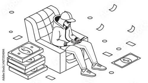 Online earning via smartphone: Isometric illustration of person with cash. Digital income, financial success, wealth generation concept.