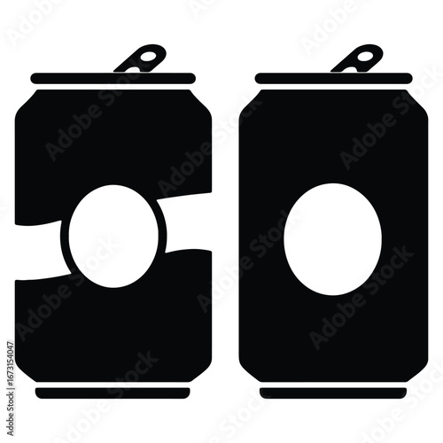 Black and white illustration of two soda cans with a minimalist design and beverage container concept for commercial use
