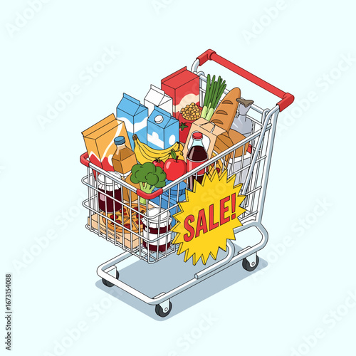 An isometric illustration of a grocery shopping cart overflowing with various food items and a bright yellow 'SALE!' sign.