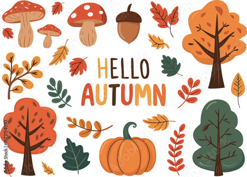 Hello Autumn! A Whimsical Collection of Fall Season Elements Including Trees, Pumpkins, Mushrooms, and Leaves