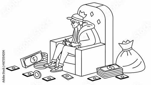 Financial Success: Young Person on Throne Counting Money Amidst Cash and Coins
