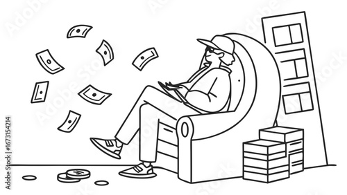 Digital wealth generation: Relaxed person earning money online with tablet, surrounded by cash, symbolizing passive income and financial success.