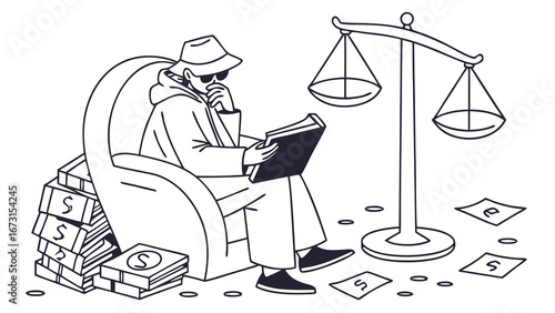 Legal Corruption, Bribery, and Justice: Shady Figure with Money and Scales Line Art