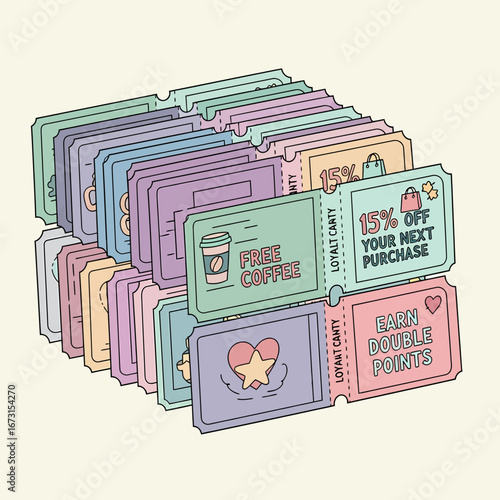 A colorful stack of illustrated loyalty program coupons offering various discounts and rewards.