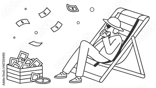 Financial freedom concept. Person relaxing in deck chair with money falling and piled up. Passive income, wealth, and success illustration.