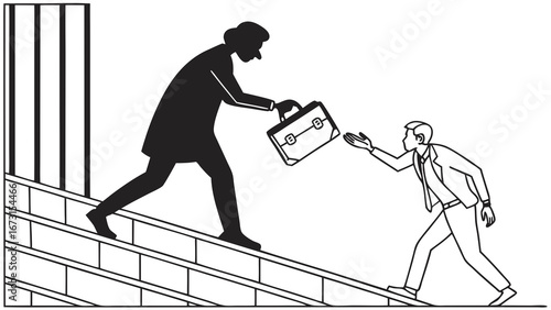 Corporate leader passing briefcase to a professional on stairs, symbolizing career path, responsibility transfer, and business opportunity or chall...