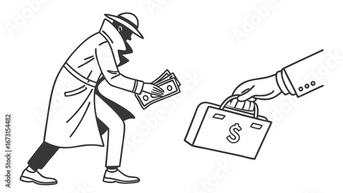 Secret financial transaction illustration: mysterious figure exchanging cash for a briefcase, symbolizing an illicit deal or confidential payment.