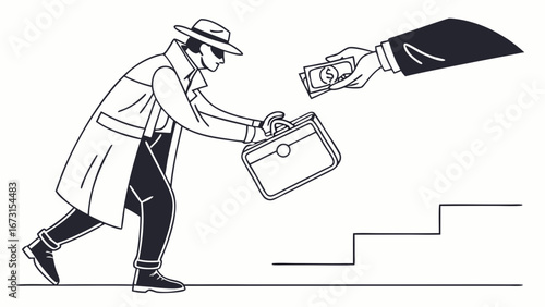 Illegal Payment & Bribery: Man in Trench Coat with Briefcase Receiving Cash
