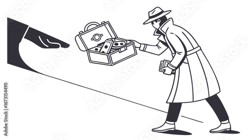 Clandestine money exchange illustration, trench coat figure offering cash briefcase to a shadowy hand, illicit deal concept.