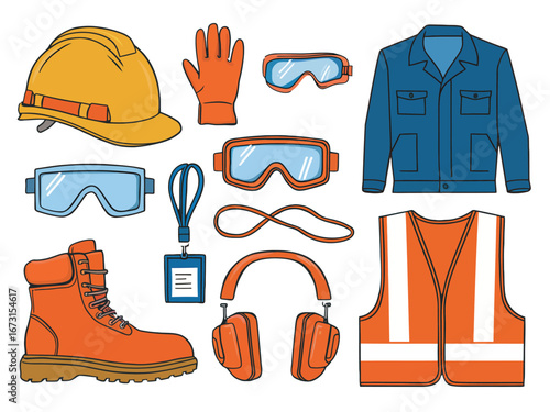 Vector illustration set of personal protective equipment and industrial safety workwear icons isolated on a white background