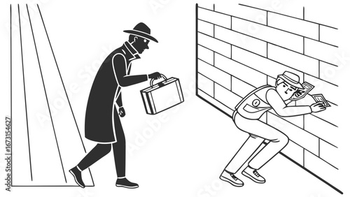 Espionage and Investigation Concept: Secret Agent with Briefcase and Person on Surveillance, Clandestine Operation
