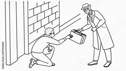 Clandestine Briefcase Exchange: Secret Meeting and Illicit Transaction Between Two Men in an Alley