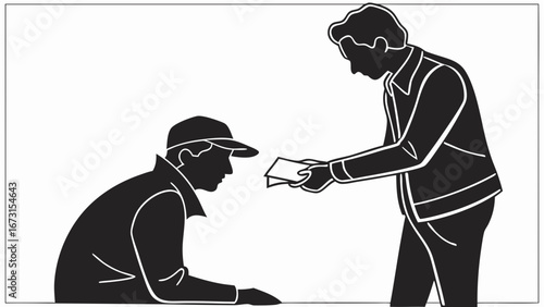 Silhouette of person giving money to another. Financial transaction, charity, payment, or donation concept. Minimalist illustration.