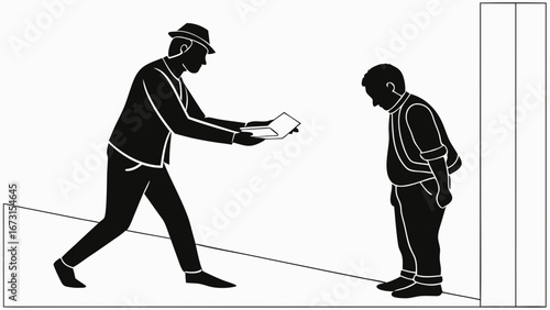 Adult giving document to child silhouette, symbolizing aid, transaction, or social interaction.