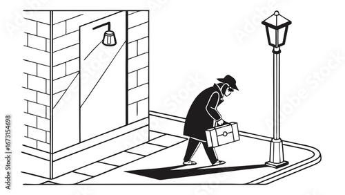 Man in trench coat and fedora with briefcase walking on street corner, noir style illustration