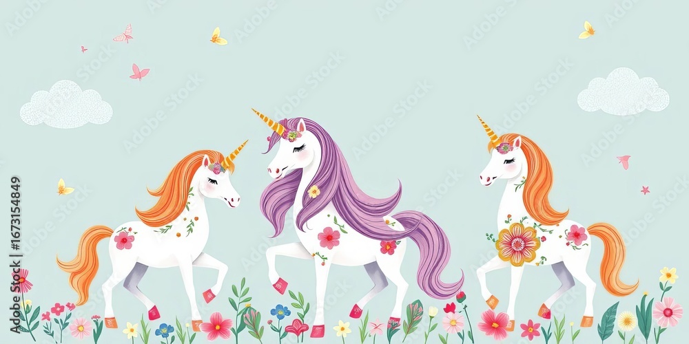Fototapeta premium Four floral unicorns, whimsical hand-drawn vector illustration, delicate, graphic