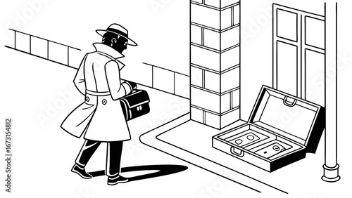 Mysterious man in trench coat discovers open briefcase with stacks of cash on urban street