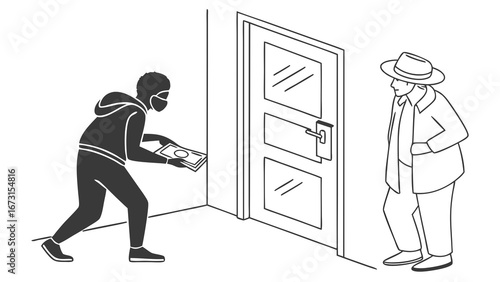 Masked Thief Stealing Package from Doorstep, Homeowner Watching - Crime and Security Illustration