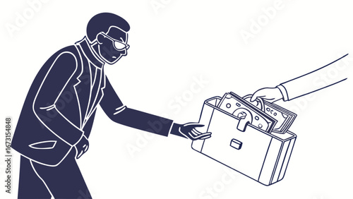 Financial transaction illustration: Man receiving briefcase full of cash, concept of bribery or payment.