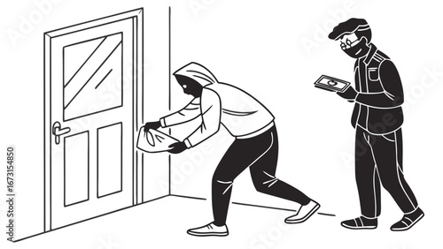 Porch Pirate Stealing Package from Doorstep, Witnessed by Masked Worker. Home Security and Delivery Theft Illustration.