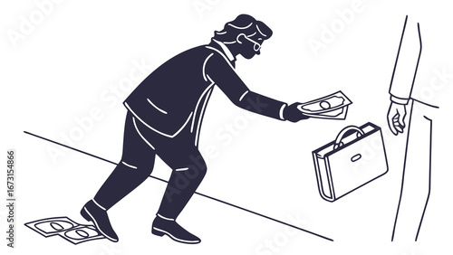 Businessman picking up money and briefcase, financial dealings, loss or gain concept