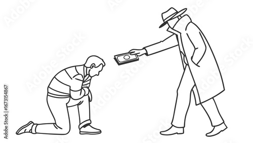 Mysterious Figure Offers Cash to Kneeling Person. Bribery, Illicit Payment, or Secret Deal Concept.