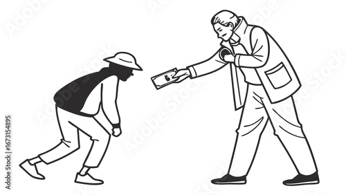 Generous person offering money to a vulnerable individual. Concept of charity, aid, and social support.