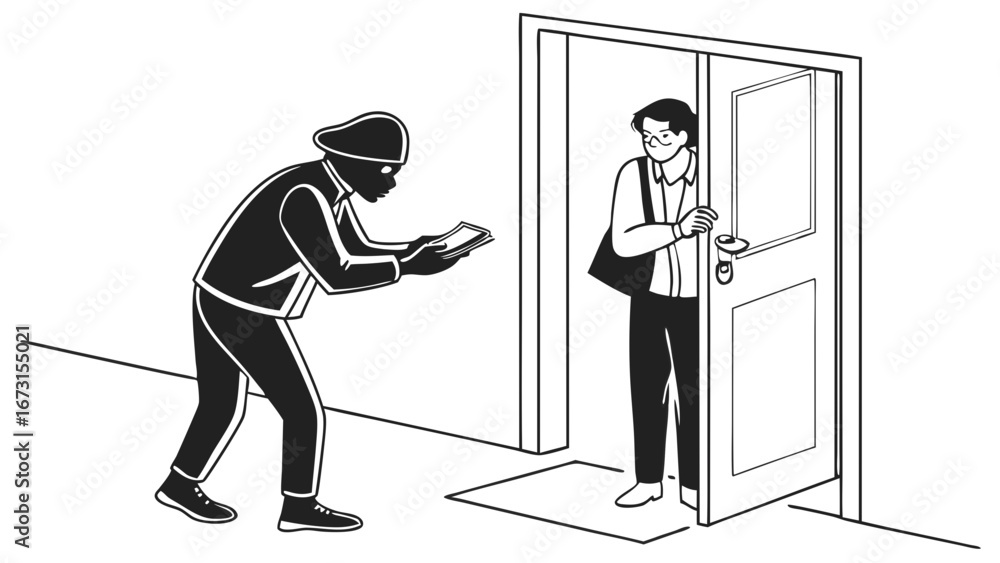 Obraz premium Doorstep security threat: Masked person with device confronts resident at open door. Home invasion or scam concept.