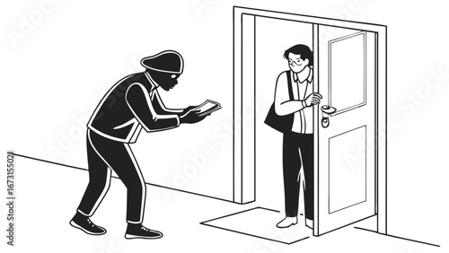 Doorstep security threat: Masked person with device confronts resident at open door. Home invasion or scam concept.