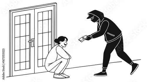 Secret money exchange: masked figure giving cash to person by door, illicit transaction concept