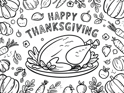 Doodle style coloring page celebrating the Thanksgiving holiday with a traditional roasted turkey and a bounty of autumn harvest food
