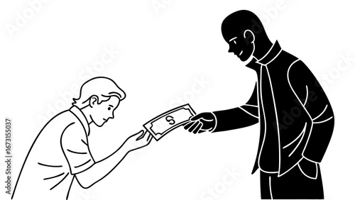 Financial transaction between two people, one a dark silhouette, exchanging money. Concept of payment, debt, or illicit dealings.